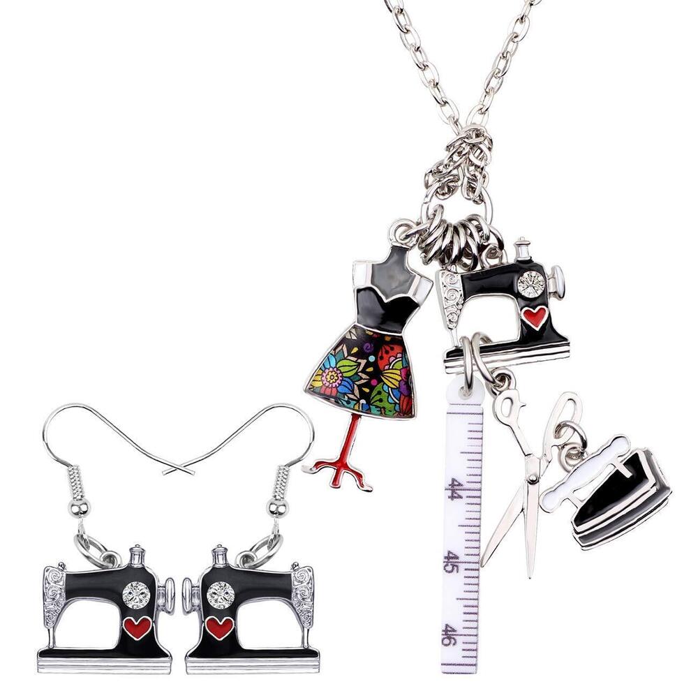 6709 Sewing Machine Ruler Scissor Tools Jewelry Sets Seamstress Charm Gift